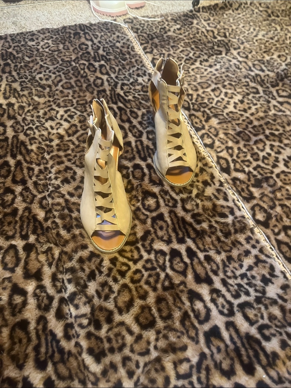 Lace-Up Open Toe Heels in Beige